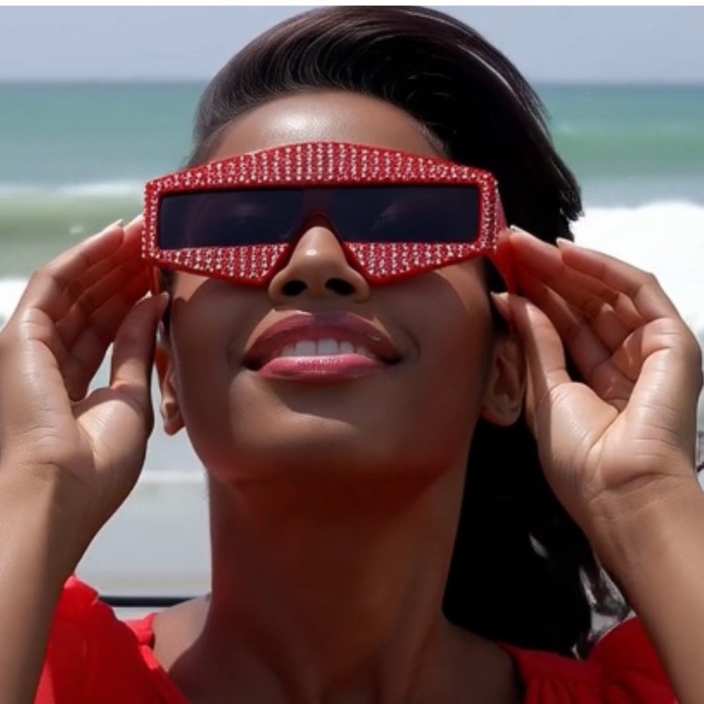 Women's Rhinestone Embellished Red Sunglasses Glamorous Statement Eyewear Lentes